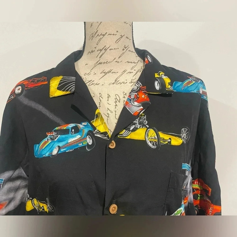 Paradise Found Hawaiian Shirt Dragsters Cars Black Rayon Size XL - Picture 3 of 7